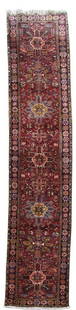 Brick Red 3'7 x 14'11 Handmade Persian Heriz Rug Iran: Brick Red 3'7 x 14'11 Handmade Persian Heriz Rug Iran Discover the timeless charm of this 3' 7" x 14' 11" Brick Red Handmade Persian Heriz Area Rug, a stunning example of Persian craftsmanship. Handwo