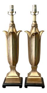 Vintage Regency Carved Tulip Lamps - Pair with Silvery Gold Finish: Vintage Regency Carved Tulip Lamps - Pair with Silvery Gold Finish Enhance your decor with this stunning pair of vintage Regency carved tulip lamps. Featuring an elegant silvery gold finish, these lam