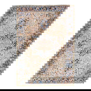 1920s Antique Persian Heriz Wool Rug Peach Medallion 8.9 x 11.10: 1920s Antique Persian Heriz Wool Rug Peach Medallion 8.9 x 11.10 This exquisite antique Persian Heriz rug from the 1920s features a captivating geometric medallion floral motif in rich shades of blue