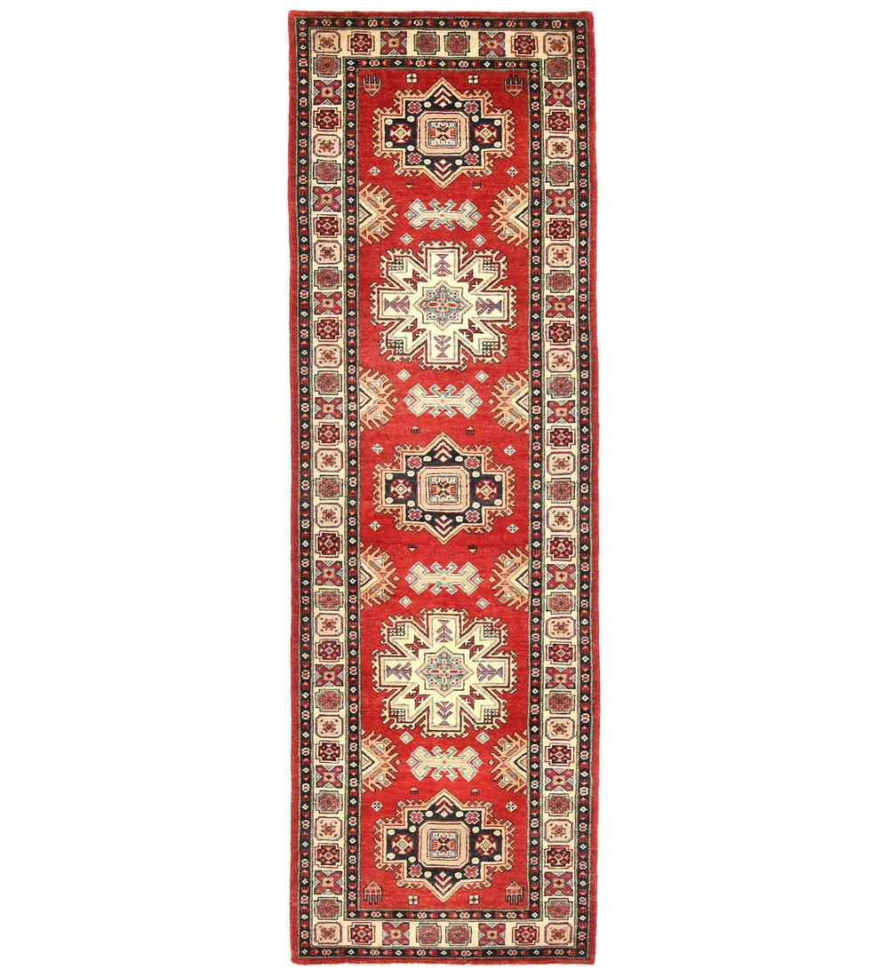 Vibrant Red Kazak Hand-Knotted Runner Rug 2'9 x 9'4 Tribal Design: Vibrant Red Kazak Hand-Knotted Runner Rug 2'9 x 9'4 Tribal Design Introducing a stunning Red Kazak Runner Rug that beautifully enhances any space with its vibrant geometric tribal patterns. Measuring 