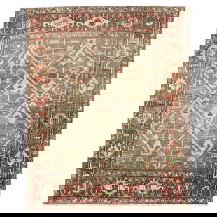 Antique Persian Heriz Rug 4'4 x 5'7 Hand-Woven Wool Iran 20th Century: Antique Persian Heriz Rug 4'4 x 5'7 Hand-Woven Wool Iran 20th Century Presenting a fine quality Persian Heriz rug from the early 20th century, showcasing a rich all-over design in greens and browns. T