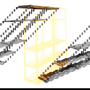 Pair of Vintage Coastal Rattan Etagere with Parquet Design: Pair of Vintage Coastal Rattan Etagere with Parquet Design Elevate your interior with this Vintage Coastal Parquet Rattan Etagere, designed to enhance the charm of any space. This etagere showcases a