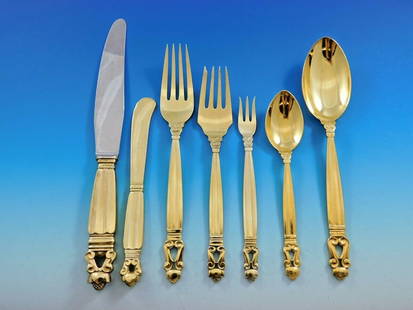 Georg Jensen Acorn Sterling Silver Flatware Set 102pc with Gold Vermeil: Georg Jensen Acorn Sterling Silver Flatware Set 102pc with Gold Vermeil Experience the timeless elegance of the Acorn pattern by Georg Jensen with this exceptional sterling silver flatware set. Crafte