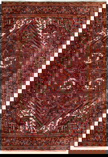 Handcrafted 8'2 x 10'7 Red Persian Heriz Rug Silk-like Pile: Handcrafted 8'2 x 10'7 Red Persian Heriz Rug Silk-like Pile This stunning Red Semi-Antique Persian Heriz Rug is handcrafted by skilled Persian artisans, showcasing traditional Persian designs woven th