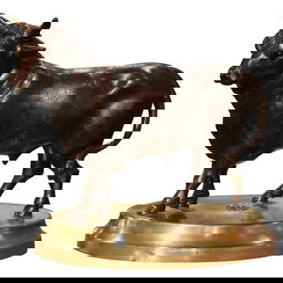19th Century Patinated Bronze Bull Sculpture by Charles Valton: 19th Century Patinated Bronze Bull Sculpture by Charles Valton This exquisite 19th Century French sculpture features a patinated bronze bull, a stunning representation of strength and grace. Crafted c
