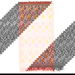 Mid-20th Century Turkish Jajim Flat-Weave Wool Rug 44 x 81: Mid-20th Century Turkish Jajim Flat-Weave Wool Rug 44 x 81 This vibrant mid-20th century Turkish Jajim flat-weave features a geometric design with bright accents in pink, orange, and electric blue. Ma
