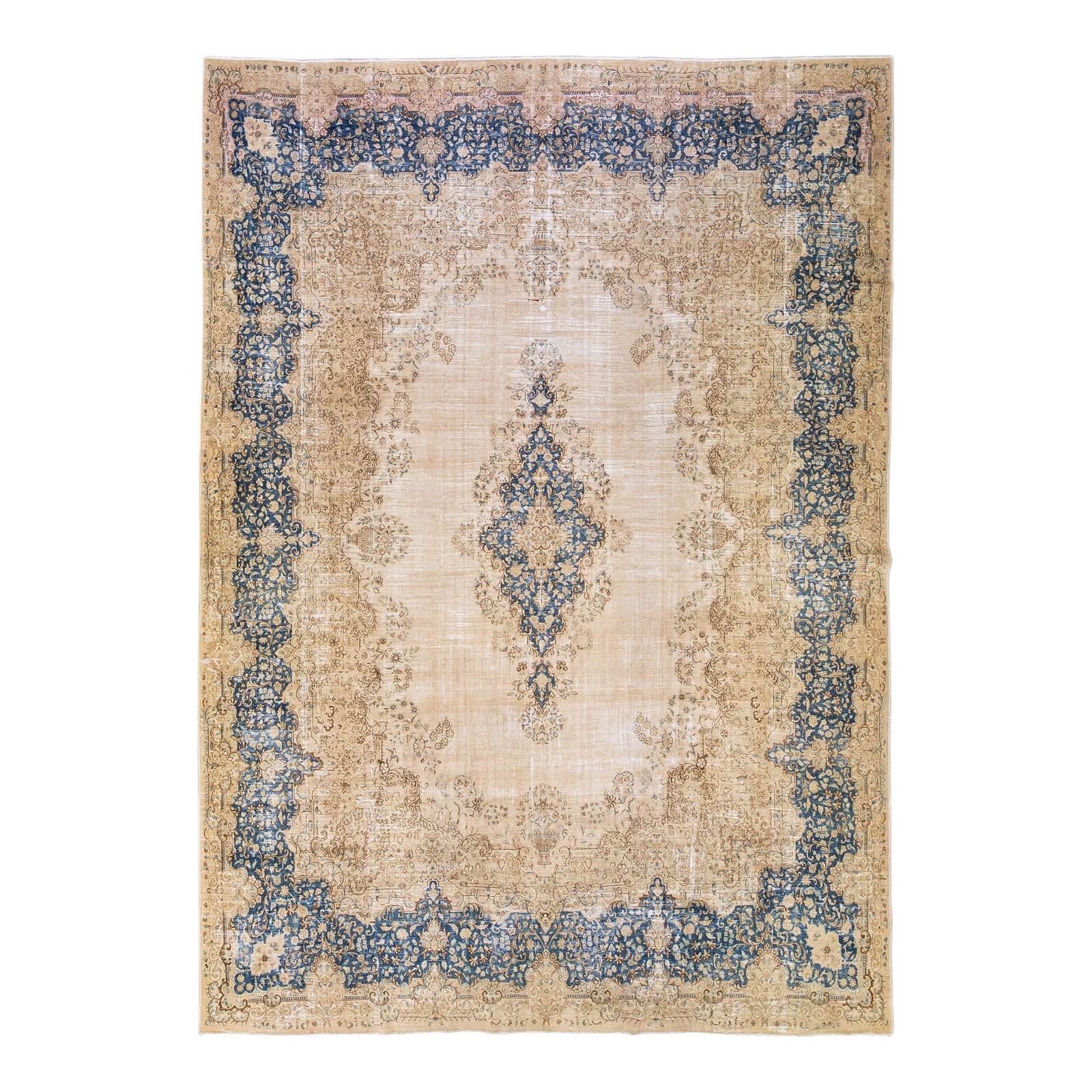 1960s Vintage Handmade Persian Wool Rug 12'7 x 17'5 Medallion Design: 1960s Vintage Handmade Persian Wool Rug 12'7 x 17'5 Medallion Design This stunning vintage Persian rug showcases a beautifully distressed hand-knotted wool construction with a soft beige field. Highli