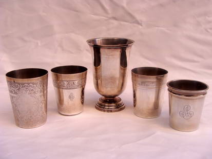 Set of 5 French Sterling Silver Cups 1900 Hallmarked Collection: Set of 5 French Sterling Silver Cups 1900 Hallmarked Collection This exquisite collection features five French sterling silver cups dating from 1900 to 1940. Each piece showcases remarkable craftsmans