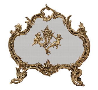 Antique 19th Century French Louis XV Bronze Dore Fireplace Screen with Cherubs: Antique 19th Century French Louis XV Bronze Dore Fireplace Screen with Cherubs Enhance your fireplace with this exquisite 19th Century French Louis XV Bronze Dore Fireplace Screen, crafted in France c