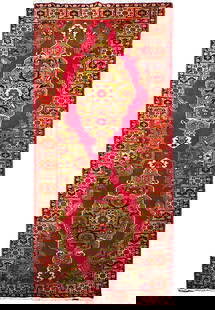Handcrafted 4.4 x 10.5 Red Semi-Antique Persian Heriz Runner: Handcrafted 4.4 x 10.5 Red Semi-Antique Persian Heriz Runner Elevate your home decor with this exquisite 4.4 x 10.5 Red Semi-Antique Persian Heriz Runner, handcrafted by skilled Persian artisans. This