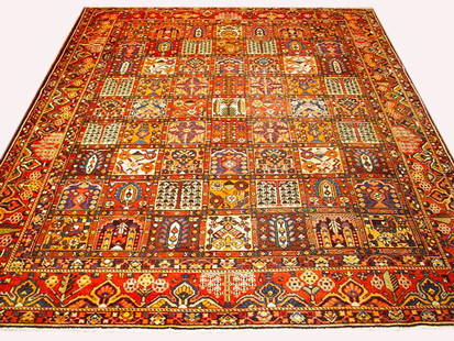 Handmade Multi-Color Semi Antique Persian Bakhtiari Rug 10.9 x 12.9: Handmade Multi-Color Semi Antique Persian Bakhtiari Rug 10.9 x 12.9 Enhance your living space with this exquisite 10.9 x 12.9 Multi-Color Semi Antique Persian Bakhtiari Rug. Handcrafted by skilled Per