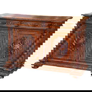 19th Century French Black Forest Carved Oak Hunt Cabinet: 19th Century French Black Forest Carved Oak Hunt Cabinet Discover the charm of this exquisite 19th Century French Carved Oak Hunt Cabinet, perfect for the avid fisherman or bird hunter. Crafted in Fra