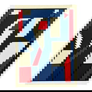 Vintage Boho Geometric Oil Painting on Canvas 36x48: Vintage Boho Geometric Oil Painting on Canvas 36x48 This vintage geometric oil painting on canvas features a captivating composition of vibrant blue, red, and white forms outlined in striking black. T