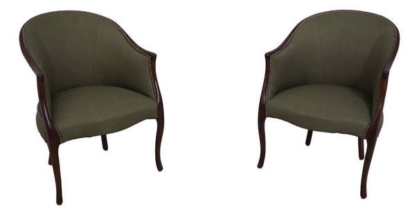 Elegant Pair of Directorie Style Mahogany Club Chairs in Green: Elegant Pair of Directorie Style Mahogany Club Chairs in Green This exquisite pair of Directorie style club chairs showcases a timeless design, crafted from high-quality mahogany. With a professional