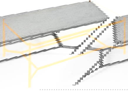 Jonathan Charles Luxe Distressed Gold Leaf Cocktail Table: Jonathan Charles Luxe Distressed Gold Leaf Cocktail Table This Distressed Gold Leaf Coffee Table features a contemporary design with a hand-painted finish and an elegant eglomise glass top. The open w