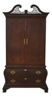 Century Chippendale Mahogany Armoire with Burl Elm Panels: Century Chippendale Mahogany Armoire with Burl Elm Panels This exquisite Century Chippendale Mahogany Bedroom Armoire Wardrobe is a stunning addition to any traditional decor. Crafted approximately 30