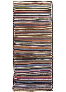 Mid-Century Hand-Knotted Wool Kilim Rug 4'7 x 8'7 Multi-Color Stripe: Mid-Century Hand-Knotted Wool Kilim Rug 4'7 x 8'7 Multi-Color Stripe This mid-20th century vintage kilim rug features a striking stripe design set against a vibrant multi-color field, incorporating ac