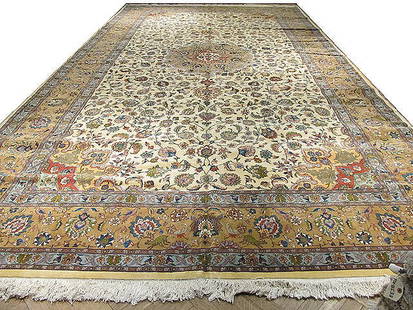 Ivory Gold Fine Persian Tabriz Rug 9.2 x 18.2 ft Bird Deer Motifs: Ivory Gold Fine Persian Tabriz Rug 9.2 x 18.2 ft Bird Deer Motifs Discover the elegance of this 9.2 x 18.2 Fine Persian Tabriz Rug, featuring a stunning ivory and gold color palette adorned with intri