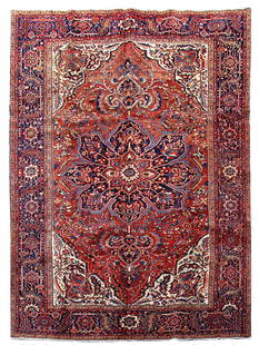 8.1 x 11.6 Hand-Knotted Red Persian Heriz Area Rug from Iran: 8.1 x 11.6 Hand-Knotted Red Persian Heriz Area Rug from Iran Discover the exquisite craftsmanship of this 8.1 x 11.6 Red Persian Heriz Rug, handcrafted by skilled Persian artisans. This stunning area
