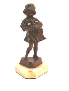 Art Deco Bronze Statue by Frances Eelic Young Girl with Flowers: Art Deco Bronze Statue by Frances Eelic Young Girl with Flowers This exquisite Art Deco French bronze statue features a charming young girl holding a bouquet of flowers, showcasing intricate detail an