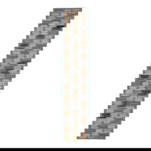 Contemporary Blue Brown Wool Flatweave Kilim Runner 3'5 x 16'1: Contemporary Blue Brown Wool Flatweave Kilim Runner 3'5 x 16'1 This contemporary Deco flatweave wool runner features a striking blue field complemented by brown and beige accents, forming a modern abs