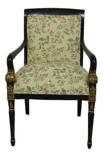 Regency Style Black Gold Upholstered Armchair 22w x 24d x 35.5h: Regency Style Black Gold Upholstered Armchair 22w x 24d x 35.5h This striking Regency Style Armchair features a sophisticated black and gold upholstery, showcasing high-quality construction and timele