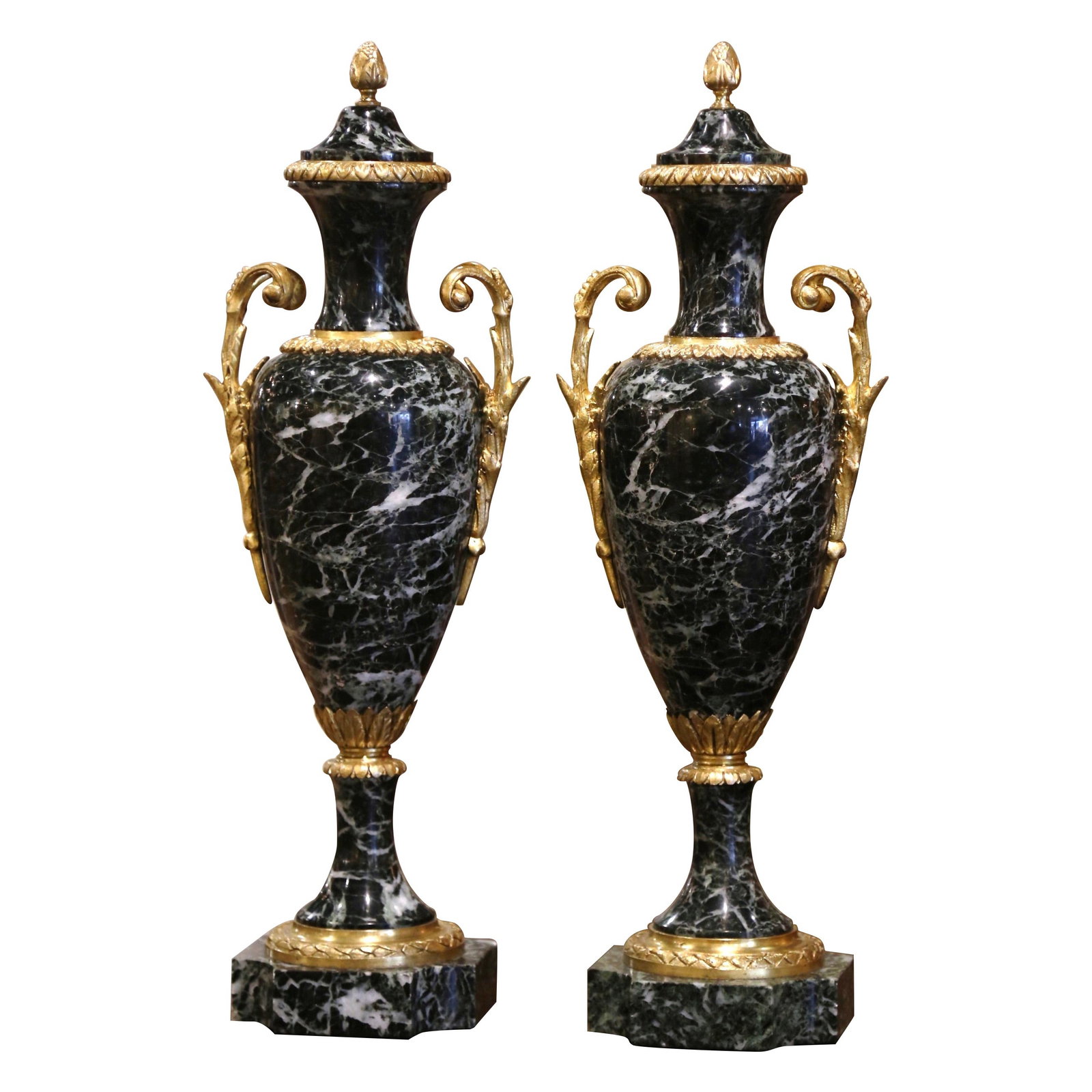 19th Century French Neoclassical Marble and Bronze Dore Cassolettes Set of 2: 19th Century French Neoclassical Marble and Bronze Dore Cassolettes Set of 2 Enhance your decor with this stunning pair of 19th Century French carved marble and bronze dore cassolettes. Crafted in Fra