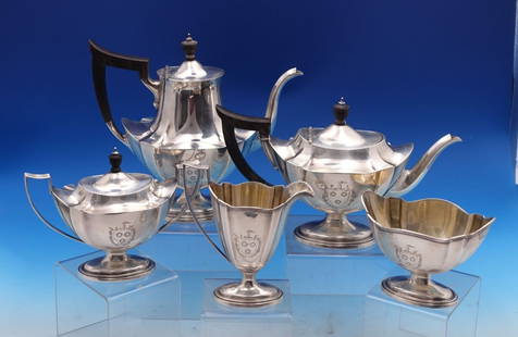 Gorham Plymouth Sterling Silver 5-Piece Tea Set with Crest: Gorham Plymouth Sterling Silver 5-Piece Tea Set with Crest Enhance your tea experience with this exquisite Plymouth by Gorham Sterling Silver Tea Set, featuring a stunning 5-piece collection crafted b
