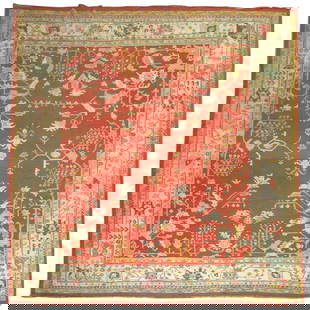 Vibrant Antique Oushak Rug Hand-Woven in Turkey 1900: Vibrant Antique Oushak Rug Hand-Woven in Turkey 1900 This exquisite Antique Oushak Rug showcases a vibrant orangy/red field complemented by a fresh ivory-colored border. Hand-woven in Turkey circa 190