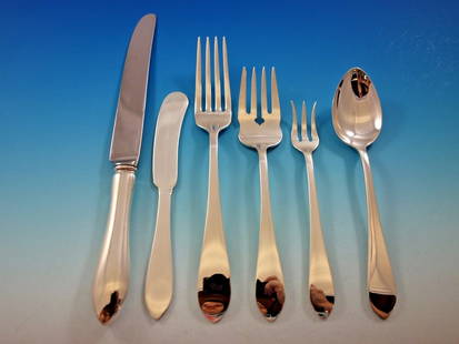 Dominick & Haff Pointed Antique Sterling Silver Flatware Set 77 Pcs with Storage Chest: Dominick & Haff Pointed Antique Sterling Silver Flatware Set 77 Pcs with Storage Chest Elevate your dining experience with this exquisite Pointed Antique flatware set by Dominick & Haff, featuring 77