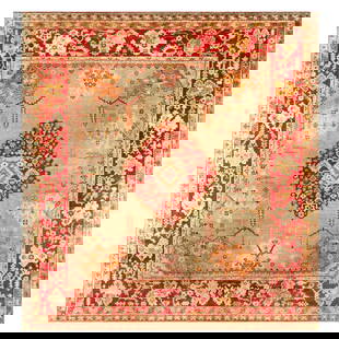 Antique Oushak Rug 13'8 x 15'3 Green Red Wool Hand-Woven Turkey: Antique Oushak Rug 13'8 x 15'3 Green Red Wool Hand-Woven Turkey This exquisite large square antique Oushak rug hails from early 20th-century Turkey, showcasing a captivating light green field accented