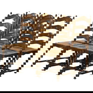Set of 6 Country French Hand-Carved Oak Ladder Back Chairs with Rush Seats: Set of 6 Country French Hand-Carved Oak Ladder Back Chairs with Rush Seats This set of six Country French carved oak ladder back chairs with rush seats exudes charm and elegance, perfect for enhancing