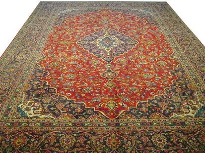9.8 x 13.5 Hand-knotted Persian Kashan Rug Red Orange Wool: 9.8 x 13.5 Hand-knotted Persian Kashan Rug Red Orange Wool Transform your living space with this stunning 9.8 x 13.5 Authentic Hand-knotted Persian Kashan Rug. Crafted in the historic city of Kashan,