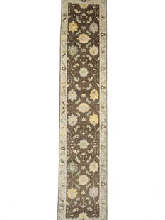 Oushak Chobi Floral Hand-Knotted Runner Rug 3x12 ft Wool: Oushak Chobi Floral Hand-Knotted Runner Rug 3x12 ft Wool Enhance your living space with this exquisite Oushak Chobi Oriental Runner Rug. Measuring 2'6" x 11'10" (3 ft x 12 ft), this piece features a s
