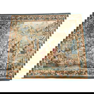 19th Century French Aubusson Tapestry Noble Hunting Scene 89x77: 19th Century French Aubusson Tapestry Noble Hunting Scene 89x77 This exquisite 19th Century French hand-woven Aubusson tapestry features a noble hunting party scene, offering a vibrant and detailed de