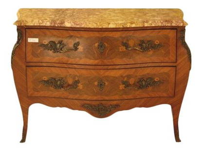 Elegant French Louis XIV Style Rosewood Commode Chest with Marble Top 48 x 23 x 34.5: Elegant French Louis XIV Style Rosewood Commode Chest with Marble Top 48 x 23 x 34.5 This elegant French Louis XIV Style Commode Chest features exquisite marquetry inlaid work and a stunning thick bev