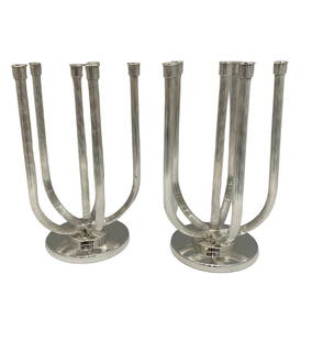 Italian 925 Sterling Silver Handmade Striated Candelabra Pair 12 Light 15.75": Italian 925 Sterling Silver Handmade Striated Candelabra Pair 12 Light 15.75" This exquisite pair of candelabra is crafted from Italian 925 sterling silver, showcasing a modern striated design that en