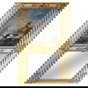 Antique Louis XVI Giltwood Trumeau Mirror with Harbor Scene Painting: Antique Louis XVI Giltwood Trumeau Mirror with Harbor Scene Painting Enhance your living space with this exquisite 18th Century French Louis XVI Giltwood Painted Trumeau Wall Mirror, crafted in Versai
