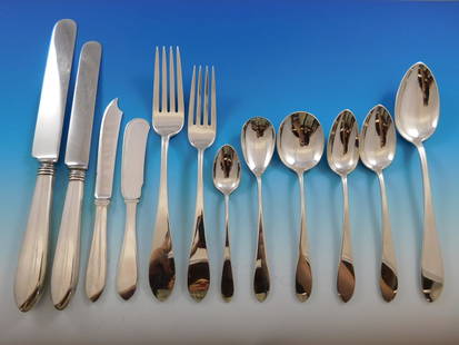 AJ Stone Pointed End Sterling Silver Flatware Set 218 Pieces Vintage Chest: AJ Stone Pointed End Sterling Silver Flatware Set 218 Pieces Vintage Chest This exquisite 218-piece Sterling Silver flatware service set, crafted in the 'Pointed End' pattern by AJ Stone, combines ele