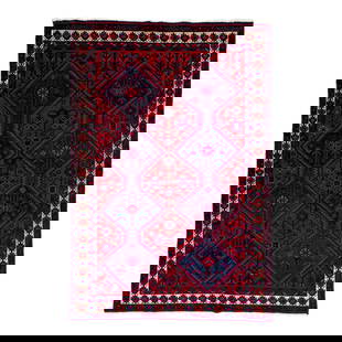 1960s Handmade Persian Shiraz Wool Rug 6'6 x 9'5 Red Blue: 1960s Handmade Persian Shiraz Wool Rug 6'6 x 9'5 Red Blue This hand-knotted Persian Shiraz wool rug has a tribal red and navy blue field with accents of pink and teal all over the motif. This rug meas