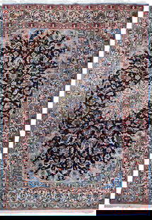 Handwoven 7.5 x 10.4 Persian Esfahan Rug Navy Blue Wool: Handwoven 7.5 x 10.4 Persian Esfahan Rug Navy Blue Wool Experience the elegance of the 7.5 x 10.4 Navy Blue Semi-Antique Persian Esfahan Rug, handcrafted by skilled Persian artisans. This exquisite ru