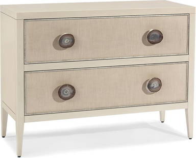 John-Richard Marais Commode with Linen Inlay and Agate Handle: John-Richard Marais Commode with Linen Inlay and Agate Handle Introducing the Elegant Marais Commode, a stunning piece crafted in a transitional style that combines modern sophistication with vintage