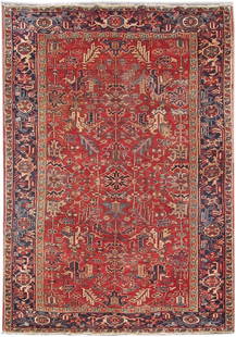 Handcrafted 6'10 x 10'10 Red Persian Heriz Rug Silk-like Pile: Handcrafted 6'10 x 10'10 Red Persian Heriz Rug Silk-like Pile Enhance your space with this exquisite handcrafted Red Persian Heriz Rug, measuring 6' 10" x 10' 10". Created by skilled Persian artisans,