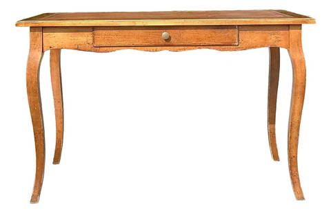 Vintage Boho Embossed Leather Writing Desk with Cabriole Legs: Vintage Boho Embossed Leather Writing Desk with Cabriole Legs Elevate your workspace with this exquisite vintage Boho embossed leather writing desk, designed to infuse timeless elegance into any envir