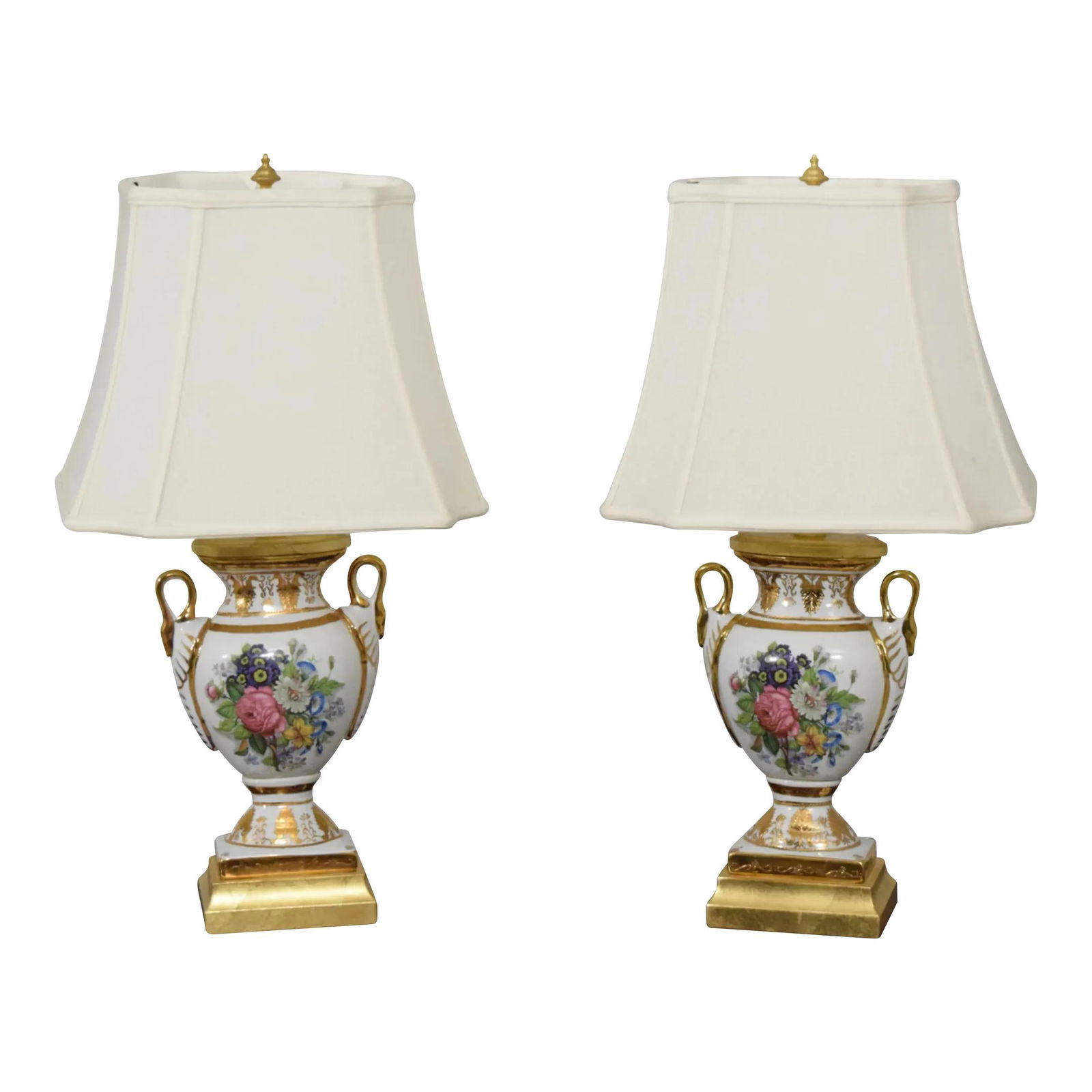 Pair of Floral Painted Regency Urn Table Lamps: Pair of Floral Painted Regency Urn Table Lamps Illuminate your space with this exquisite pair of Frederick Cooper Floral Regency Urn Table Lamps. Crafted approximately 20 years ago, these lamps showca