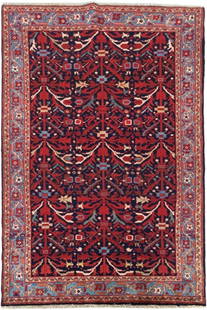 Hand-Knotted 4.2 x 6.9 Red Persian Hamadan Rug from Iran: Hand-Knotted 4.2 x 6.9 Red Persian Hamadan Rug from Iran Elevate your space with this exquisite 4.2 x 6.9 Red Persian Hamadan Rug, handcrafted by skilled Persian artisans. This rug features a traditio
