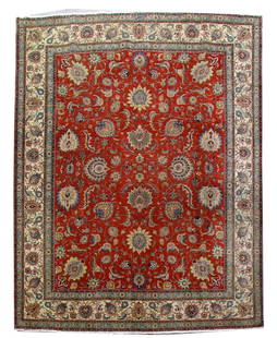 Handmade Persian Tabriz Rug 9'10 x 12'10 Red Floral Wool: Handmade Persian Tabriz Rug 9'10 x 12'10 Red Floral Wool Elevate your living space with this exquisite 9' 10" x 12' 10" handmade Persian Tabriz style rug. Crafted by talented artisans in Tabriz, Iran,