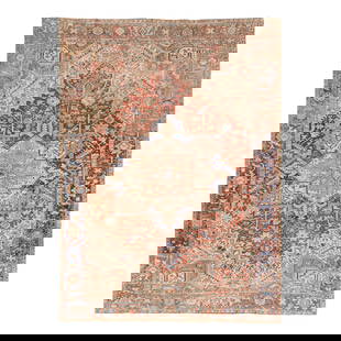 Antique Heriz Persian Hand-Knotted Wool Rug 8'7 x 11'7 Rust Blue Frame: Antique Heriz Persian Hand-Knotted Wool Rug 8'7 x 11'7 Rust Blue Frame Discover the charm of this beautiful antique Heriz hand-knotted wool rug, featuring a rich rust field complemented by a striking