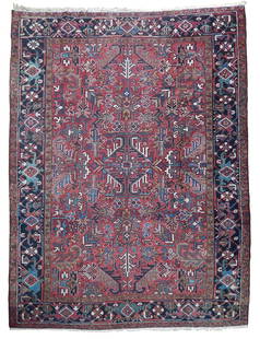 7.4 x 9.9 Red Semi-Antique Persian Heriz Area Rug Handwoven Wool: 7.4 x 9.9 Red Semi-Antique Persian Heriz Area Rug Handwoven Wool Elevate your living space with the exquisite 7.4 x 9.9 Red Semi-Antique Persian Heriz Rug. Handcrafted by skilled Persian artisans, thi