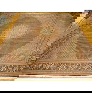 Persian Wool Silk Mahi Tabriz Rug 11.6 x 16.6 ft Hand-Knotted 400 KPSI Iran: Persian Wool Silk Mahi Tabriz Rug 11.6 x 16.6 ft Hand-Knotted 400 KPSI Iran Discover the opulent beauty of this Persian Wool and Silk Mahi Tabriz Rug, meticulously handcrafted in Iran. With an impress